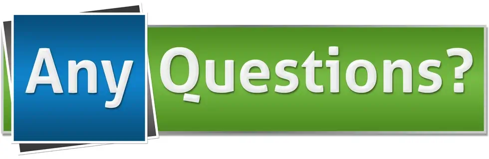 Blue and green colored banner with text that reads "Any Questions?".