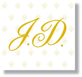monogrammed with the initials "J.D." in cursive style font.